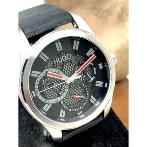 Hugo Boss Men's Watch 1530189 Quartz Silver Black Dial Leather Band 44mm